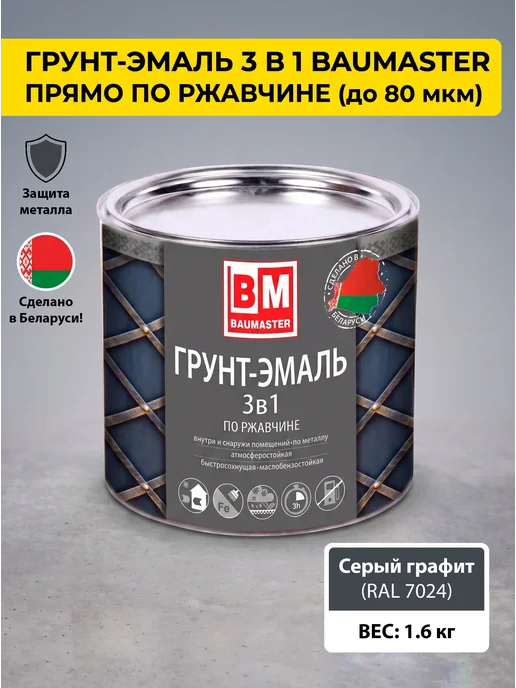 Краска по металлу 3 в 1 серый графит RAL 7024 1,6 кг купить в Минске